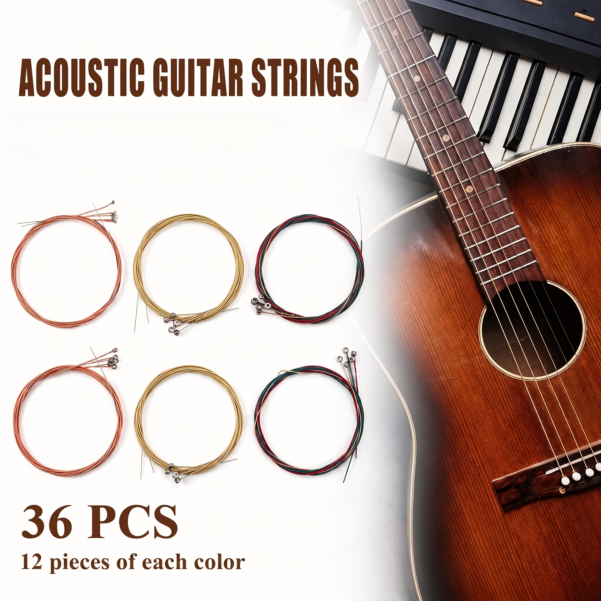 TEMU 36pcs Acoustic Guitar String Set, Including All 36 Strings (sizes 1-6, 12 Per Color), Colored Guitar Strings Suitable For Most 38-41 Inch
