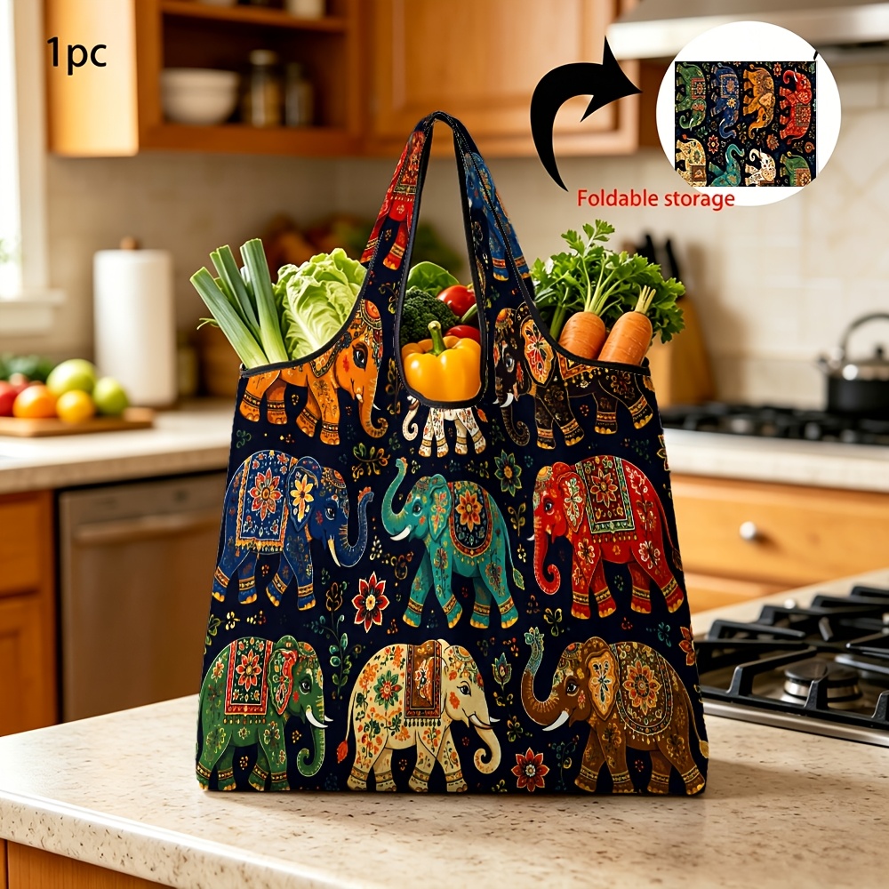 TEMU 1pc Reusable Grocery Bag With Ethnic Style Colorful Elephant Print Portable Foldable Shopping Bag For Daily Outing