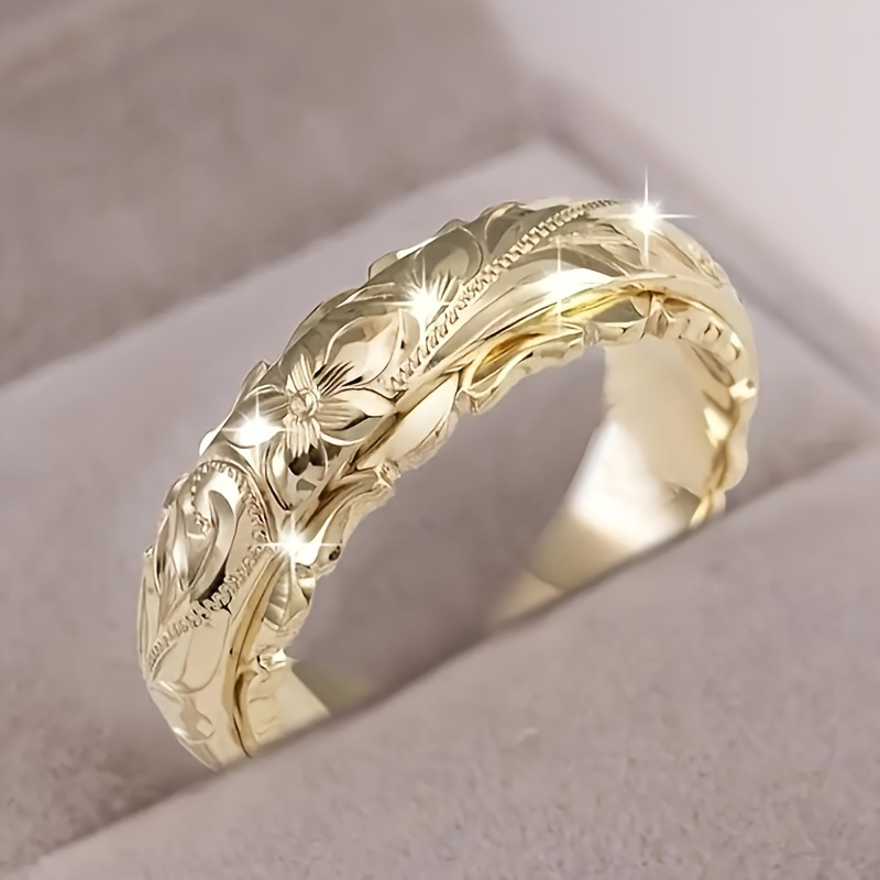 

Elegant Carved Rose Gold-toned Copper Ring For Women - 14k Golden Plated, Cute Floral Design, Versatile For Daily Wear And Weddings