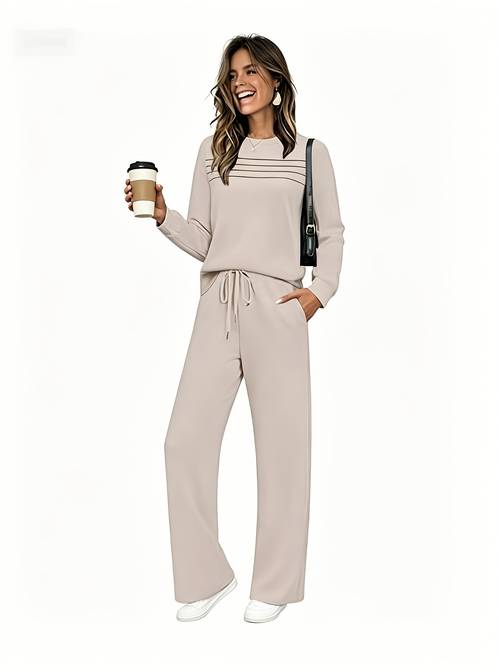 item picture womens 2pcs lounge set long sleeve striped crew neck top and drawstring wide leg pants with pockets soft casual matching sweatsuits for fall winter