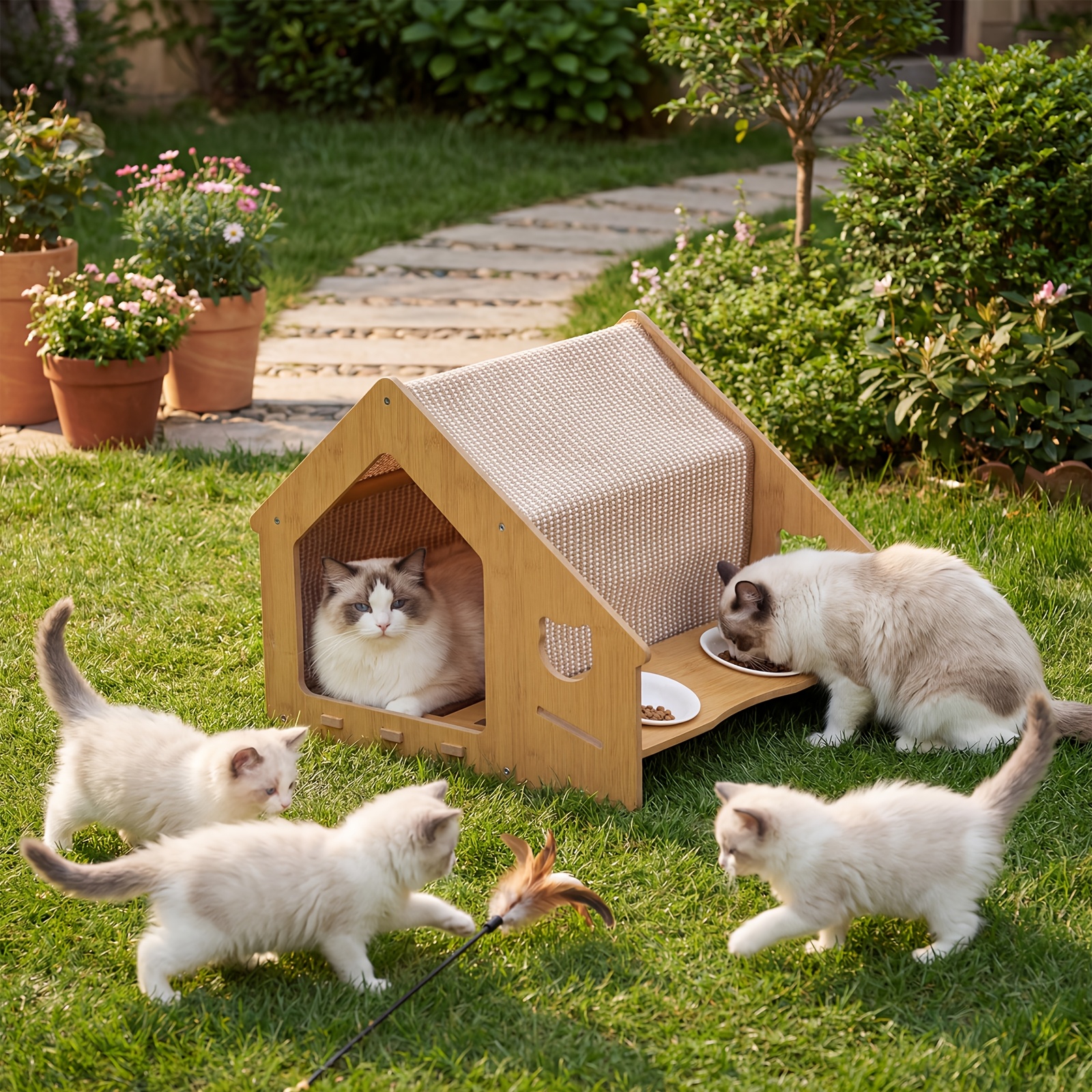 Cat House Villa, Integrated Design With Food Bowl, Sturdy Load-bearing, Bowl, No Floor Space Occupied, -one Eating And Resting For Cats, Natural Wood