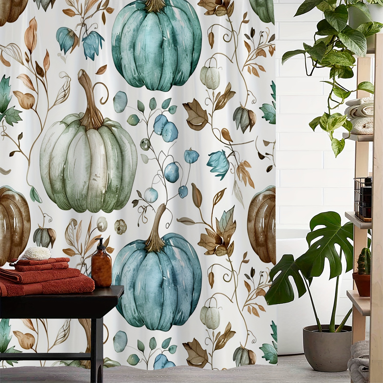 

Water-resistant Polyester Shower Curtain With Leaf Pumpkin Print, Machine Washable, Artistic Design, Includes 12 Hooks - Woven Fabric, Water-repellent, Decorative Bathroom Accessory