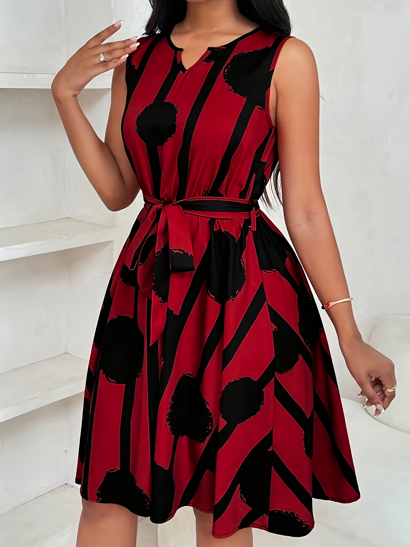 Elegant Red Floral Print Sleeveless Dress with Tie Waist - Notched Collar, A-Line Silhouette, Ruched Detail, Perfect for Summer, Adult Women'S Fashion, Casual Attire|Floral Print Dress|Polyester Fabric