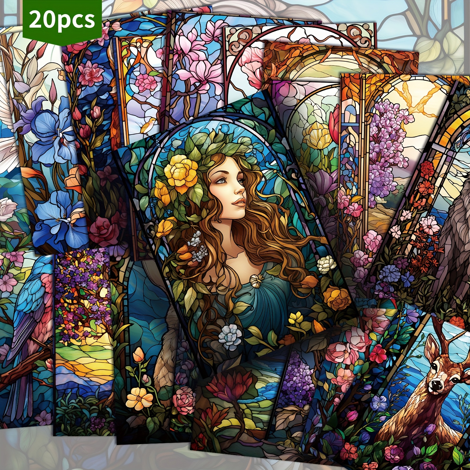 TEMU 20-pack Spring Stained Glass Postcards - 4x6 Inches Mermaid Junk Journal Paper, Classic Pinup Illustrations, Collectible Decorative Painting