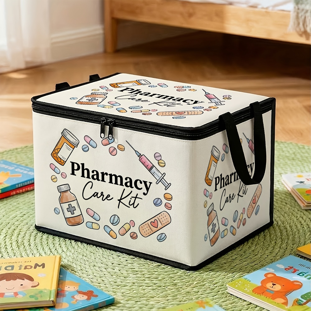 TEMU 1pc Upgraded Large-capacity Storage Box With Lid, Vintage Medical Pattern Medicine Care Set Capsule-style Bedding And Pillow Storage Box,