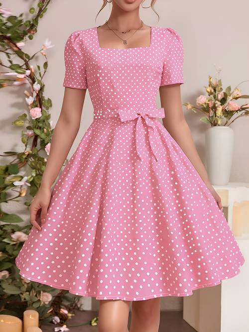 2025 sommer neues kurzarm quadratischer ausschnitt elegantes knielanges retro polka dot lässiges versammelndes urlaubs strand party kleid