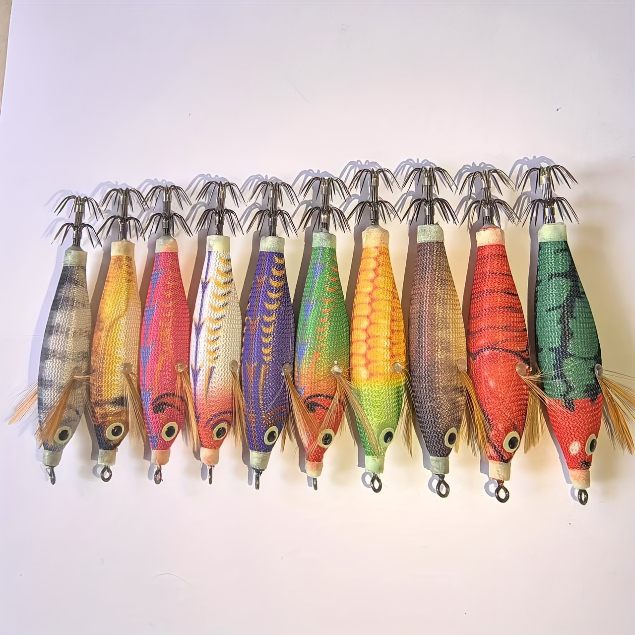 

10 pièces Assorted Squid Jigs, Double Parapluie Équilibré Appâts de pêche aux crevettes, Matériau Silicone et PS, Multi-Couleur Appât factice pour la pêche en mer