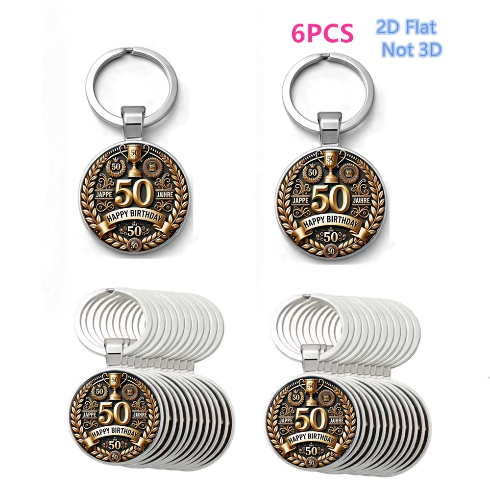TEMU 2d Flat, 50th Birthday Anniversary Element Metal Keychain, 6pcs Colorful Round Keychain Charms - 2d Flat, Not 3d Car Keychain Charms, Bag