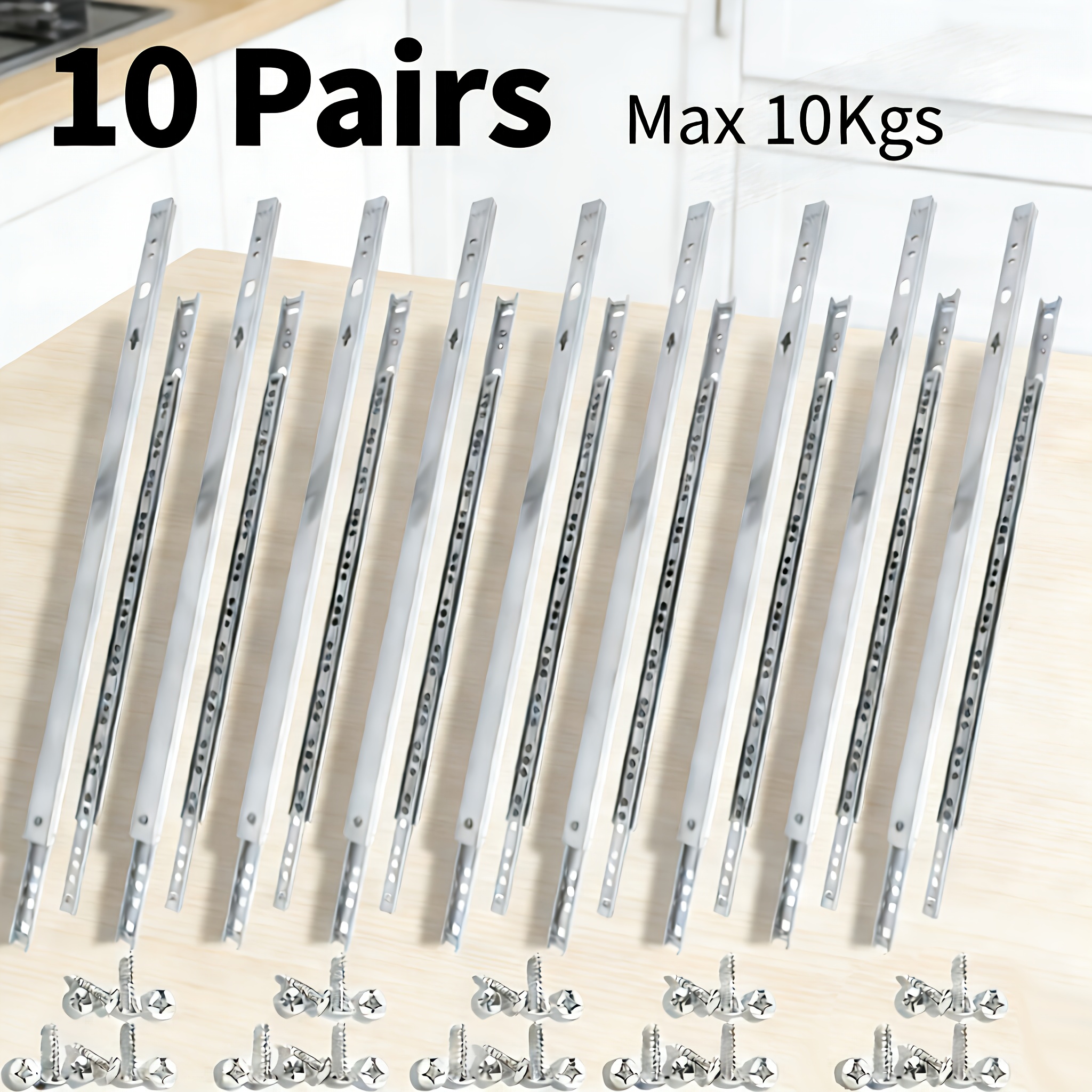 10 Pairs 17mm Steel Ball Bearing Drawer Slides, Partial Extension Drawer Runners, 12/14/16 Inch Cabinet Rails With Mounting Screws, 10kg Load Capacity