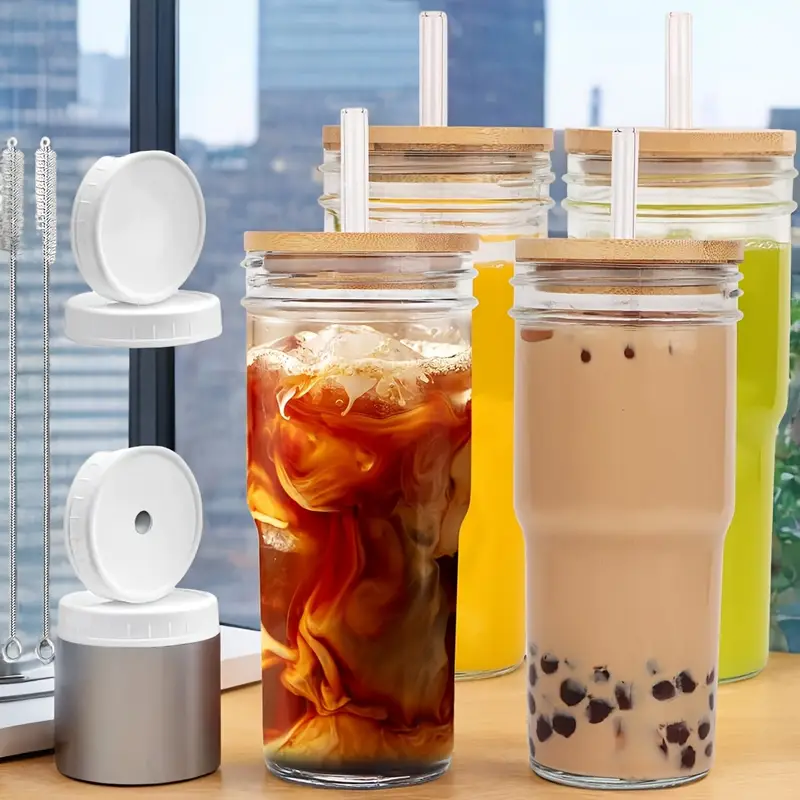 glasses set 18pcs set 4 cups 4 wooden lids 4 plastic lids 4 straws 2 straw brushes 24 oz smoothie glasses boba mason jar wide mouth milk tea cups drinking cups iced coffee glasses Product details 4