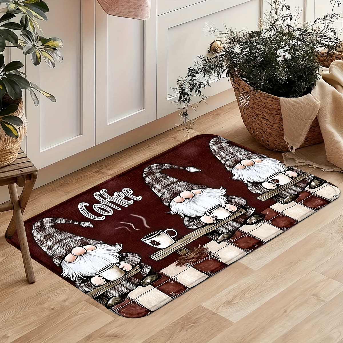 TEMU 1 tapis de cuisine de Noël avec , antidérapant, lavable, en polyester tricoté, fait à , décoration intérieure avec le Père Noël bandés et un