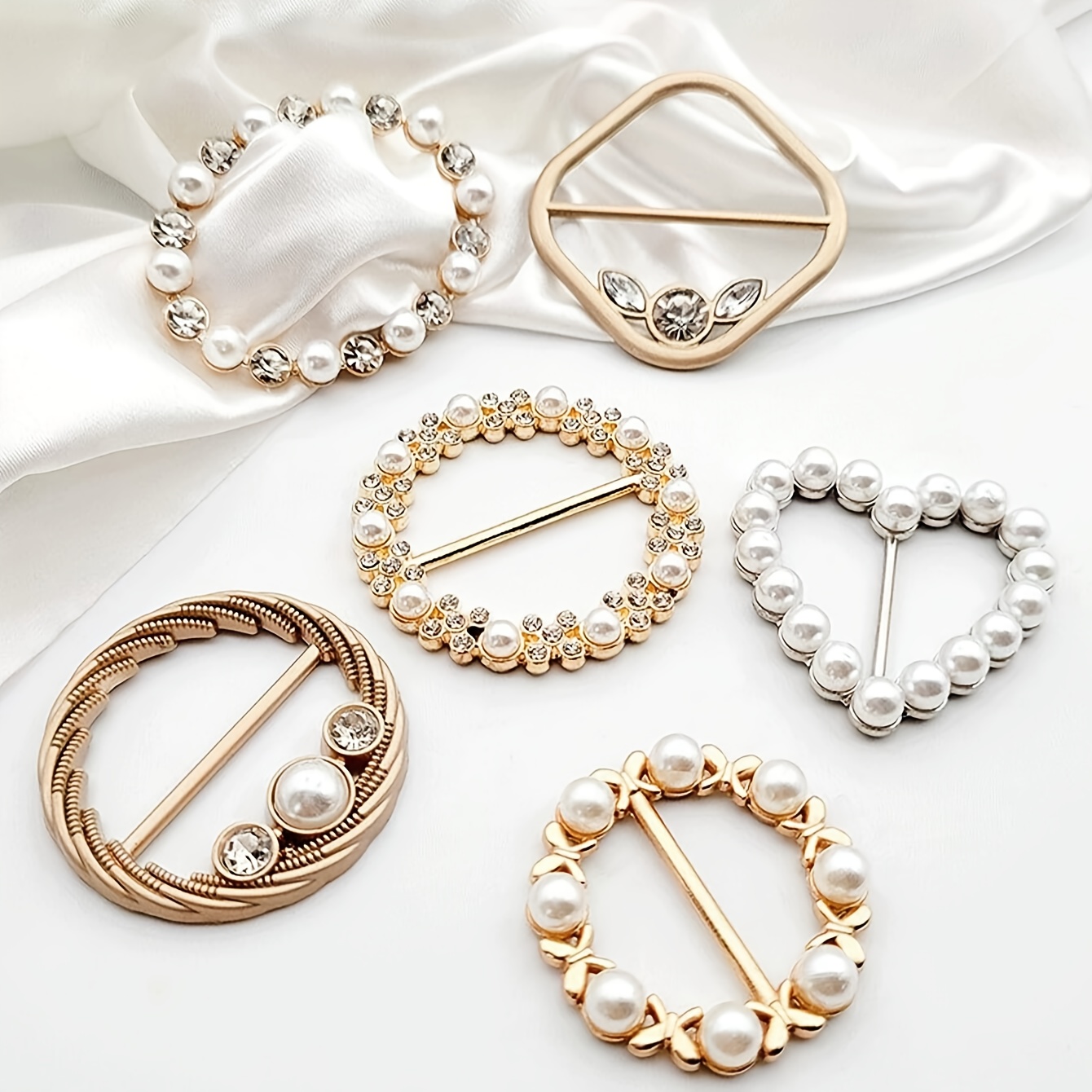 Image of 6pcs Rhinestone & Pearl Decor , Minimalist Aluminum Alloy Geometric Shaped Button For Sewing Belt Pins