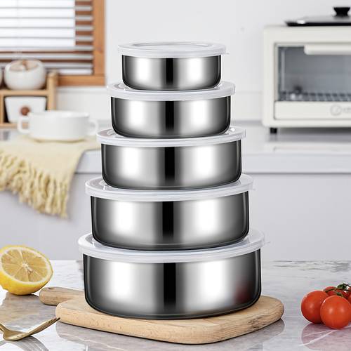 10pcs Stainless Steel Food Storage Box Set with 5 Lids And 5 Containers, Set Outdoor Bowls - Dishwasher Safe, Round Food Storage Containers, Stylish Metallic Design, Suitable for School Lunch Boxes, Outdoor Camping, Hiking And Home Kitchen Use - Ideal Gift for Back-To- , And Day
