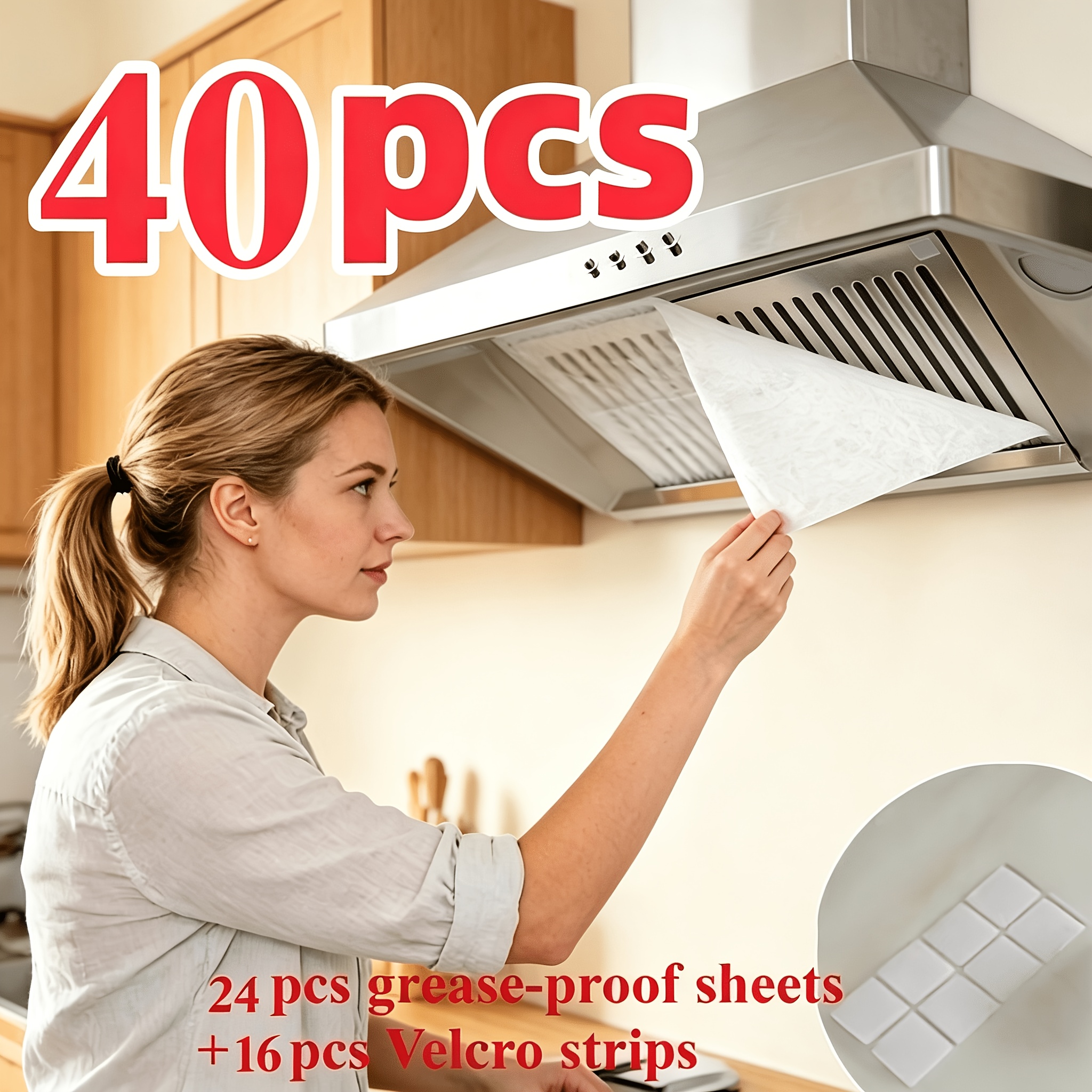 TEMU 40pcs Filtres d'extracteur de cuisinière auto-adhésifs (comprenant 24pcs de papier absorbant l'huile et 16pcs de bandes auto-agrippantes) Fibre
