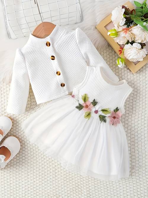 girls casual embroidered floral dress jacket skirt set for outdoor