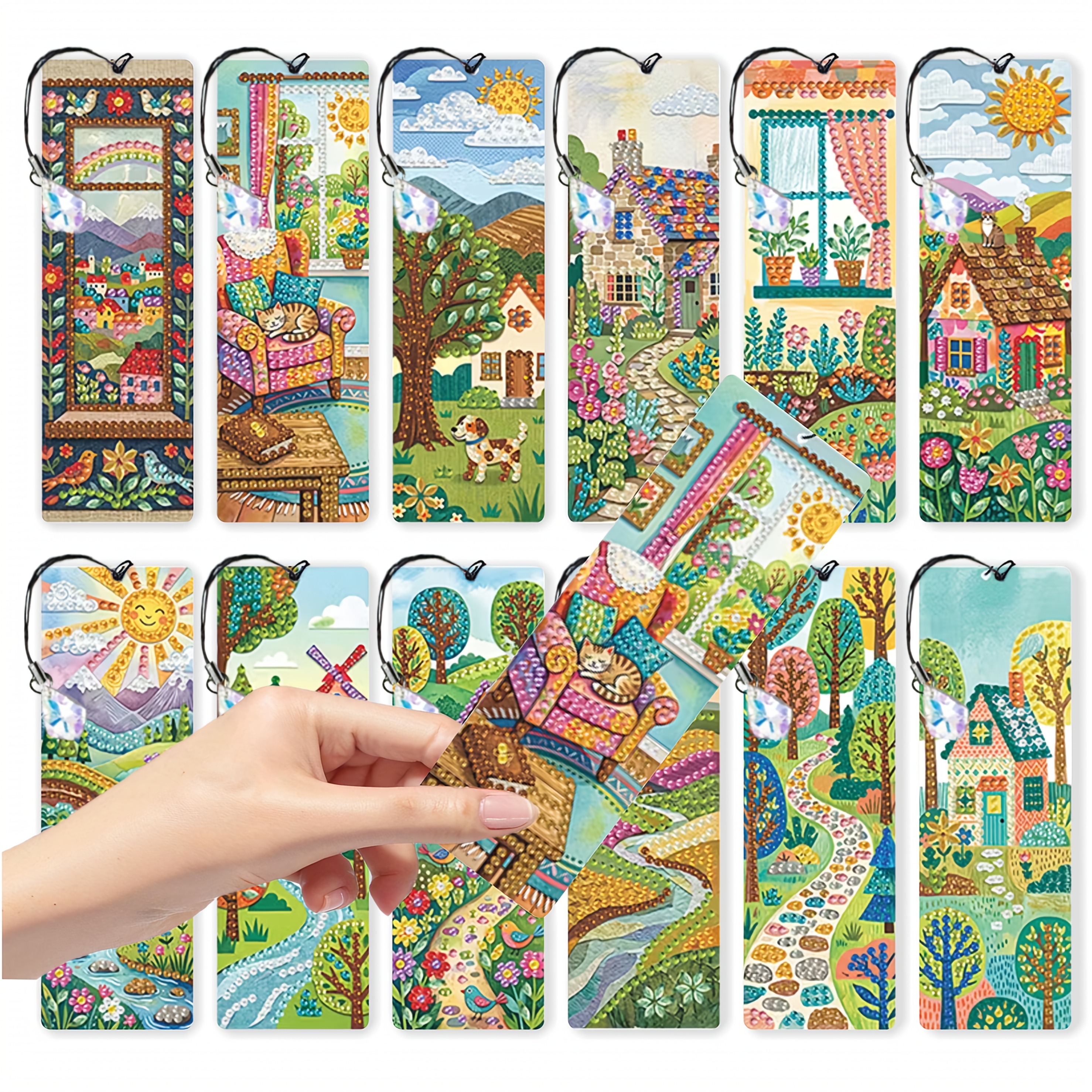 TEMU 12pcs Set Of Pastoral Tale Style Diamond Painting Bookmarks, Fresh Countryside Theme, Bright And Vibrant Colors, Sparkling Crystal Rhinestones,