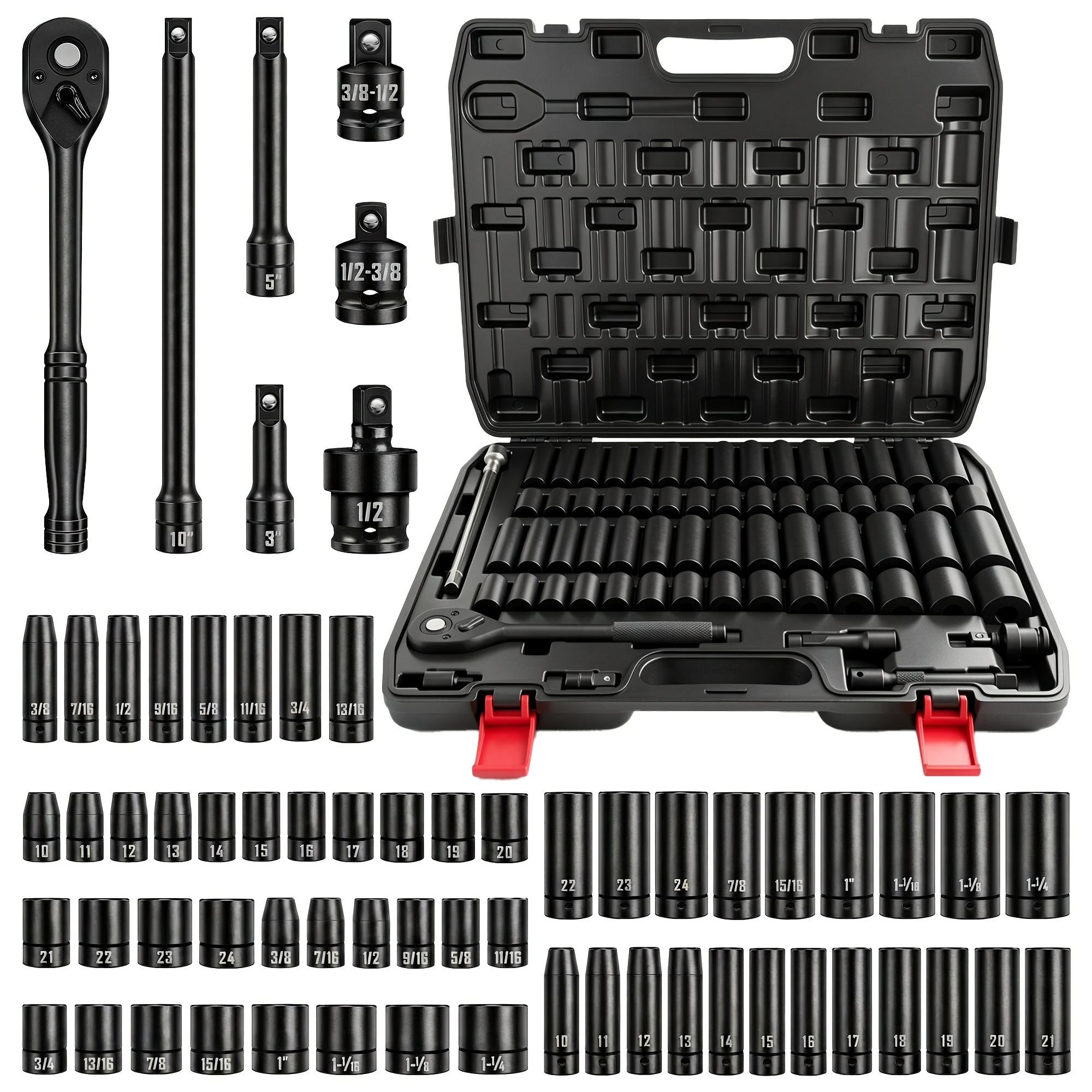 TEMU 65pcs Morefix 1/2" Drive Impact Socket Set, Socket Set Sae 3/8" To 1-1/4" And Metric 10-24mm, 6 Point For Auto Repair, Rugged Construction,