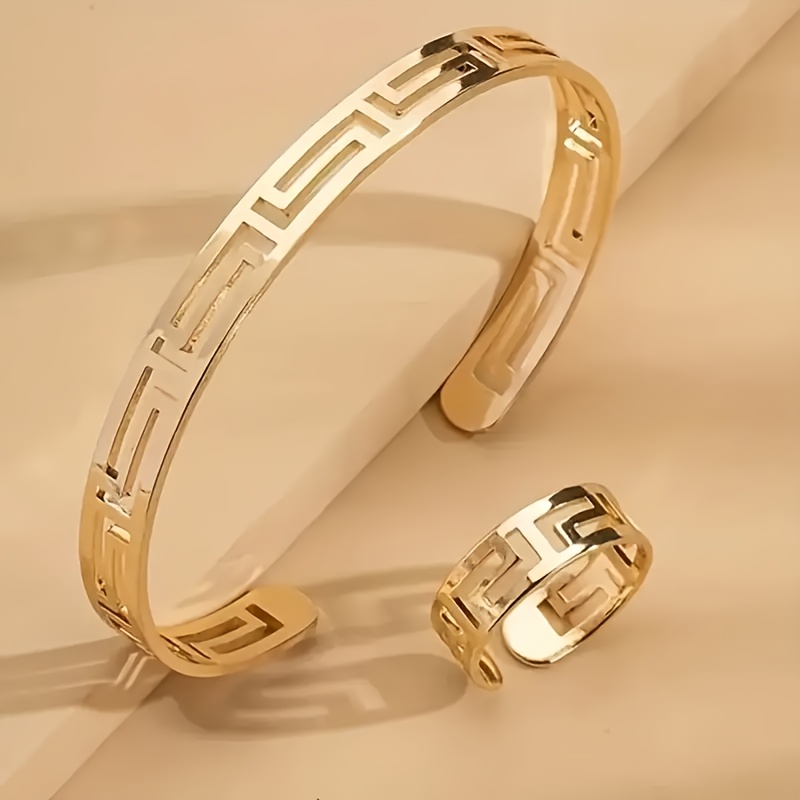 

Bangle & Ring Minimalist Style Jewelry Set 18k Gold Plated Simple Hollow Geometry Design Pick A Color U Prefer Unisex Jewelry