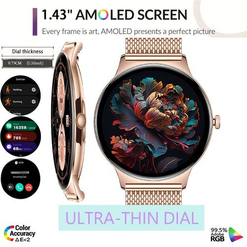 ultra thin smart watch for men and women 1 43 inch full with sms and call functions compatible with iphone fitness activity tracking watch multiple sports pedometer distance over 100 sports christmas gift