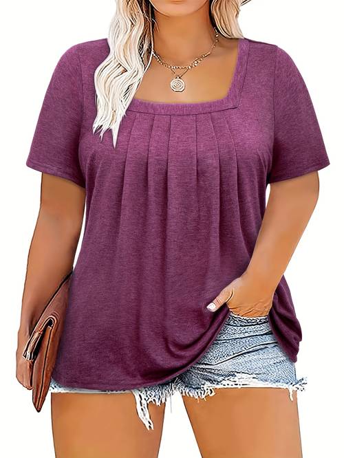 plus size womens casual short sleeve square neck tunic top loose fit summer breathable solid color versatile tee for leggings casual outfits quality casualwear