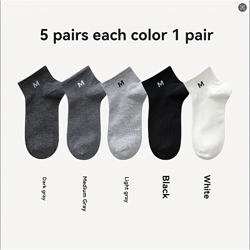 5-pack Unisex Athletic Socks - Ankle Socks, Moisture-wicking & Breathable, Letter , Solid Color Minimalist Versatile, Low-cut Boat Socks