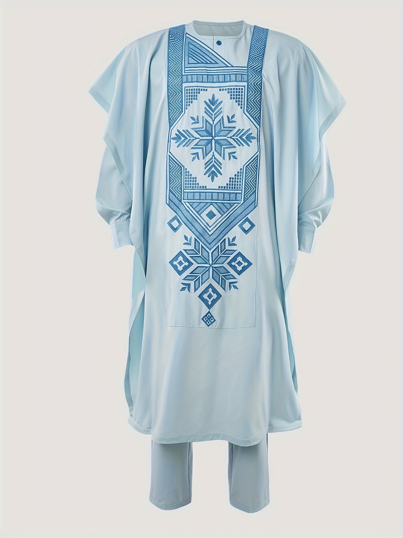 Men'S Three-Piece Agbada Set Featuring Embroidery, Pockets, And a Loose, Flowing Silhouette; Includes a Robe, Shirt, And Drawstring Elastic Waist Long Pants, Suitable for Everyday Events Like Cocktails, Weddings, Parties, Banquets, Birthdays