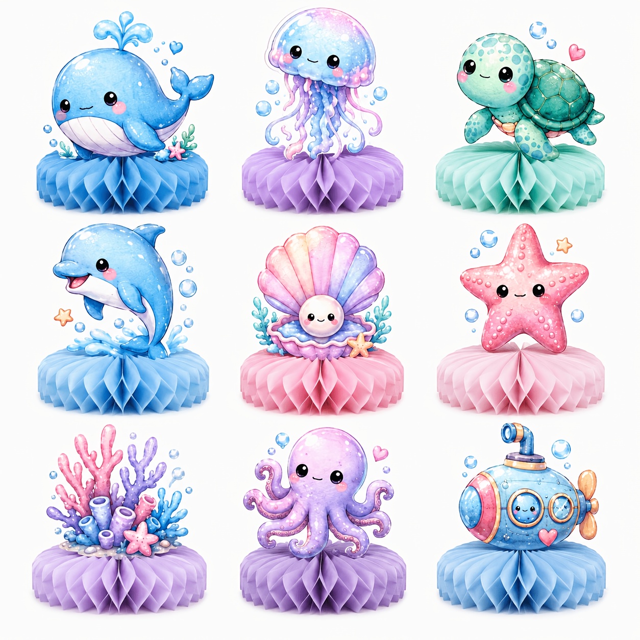 TEMU 9pcs Honeycomb Desktop Ornaments, Whale Jellyfish Turtle Dolphin Seashell Octopus Patterns, Underwater Theme Party Scene Decoration, Party Table