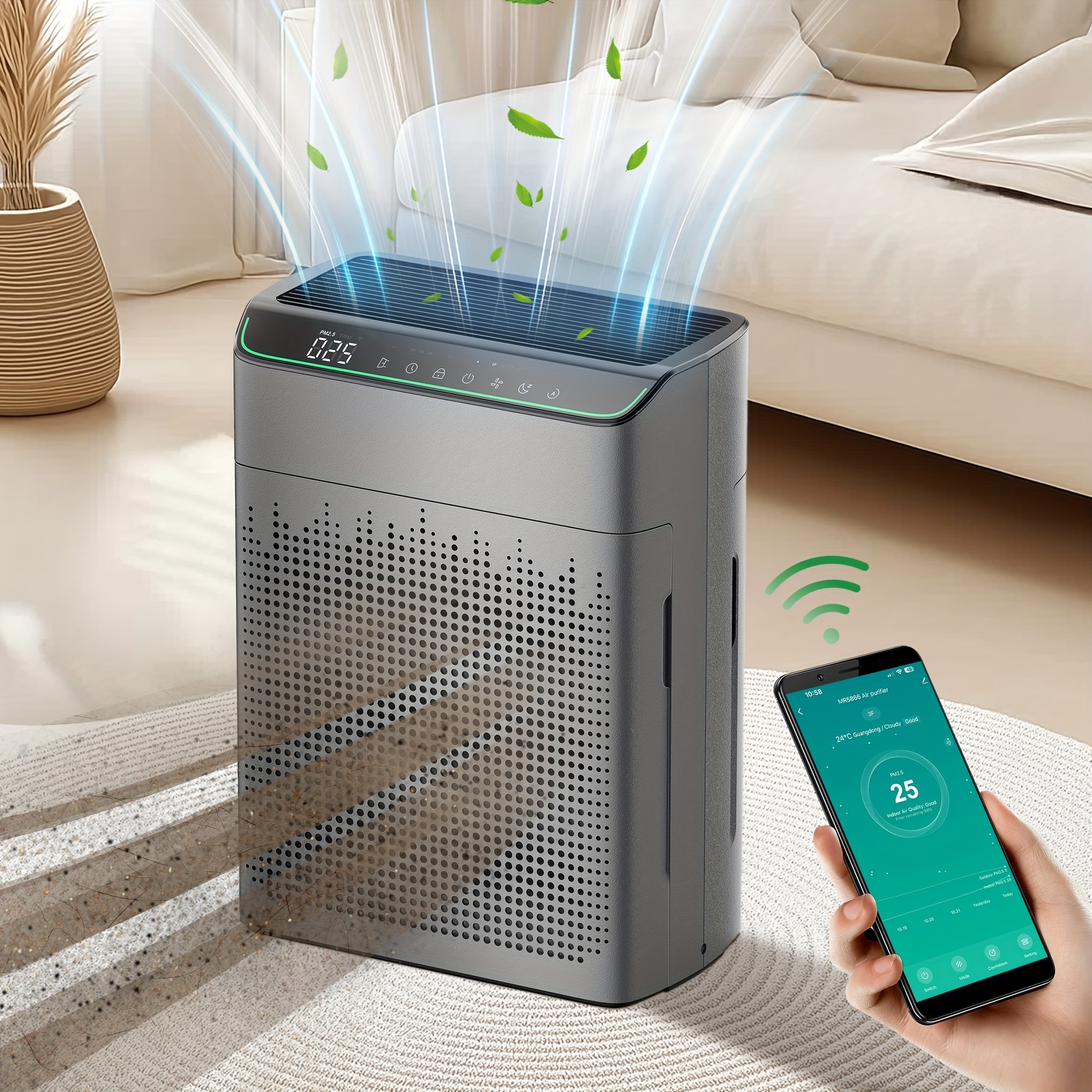 

Mr5866 For Home -filters Up To 99% Of Pollutants, Dust And Smoke - Quiet Hepa Air Filter 23 Db - With Mode, Speed , Automatic Mode And Child Lock, Air Purifiers For Bedroom - Covers 1290ft²