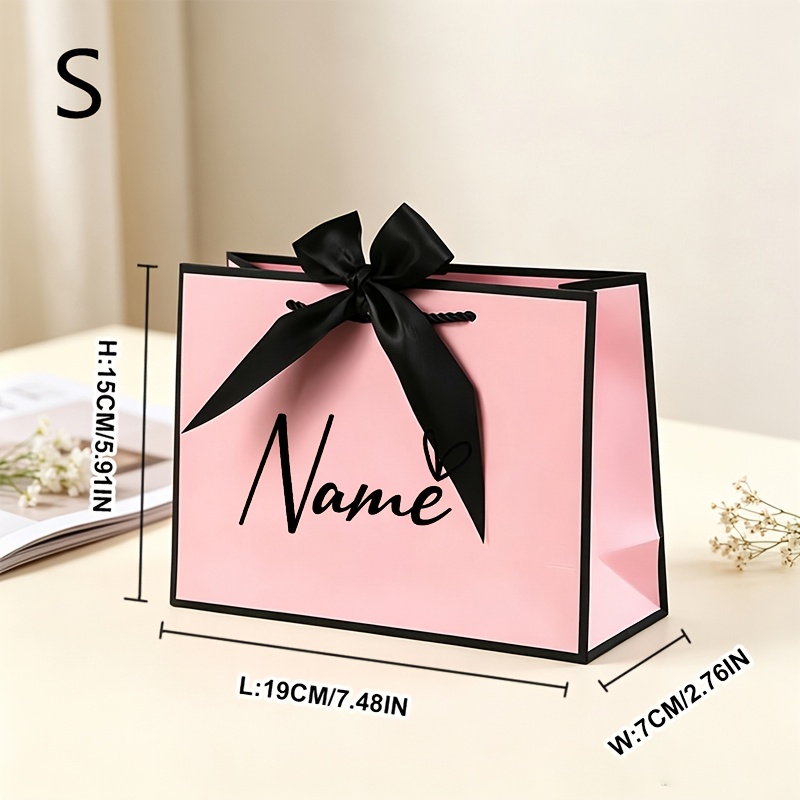 TEMU 1pc Custom Gift Bag With Personalized Name And , Pink Gift Bag For Her/him, Includes 1 Pink Gift Bag With Black Ribbon | Paper Tote Bag |