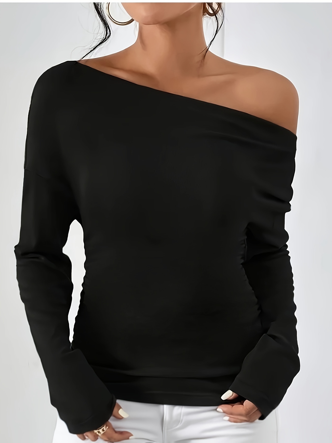 camiseta larga cuello barco mujer elástica Temu Brazil