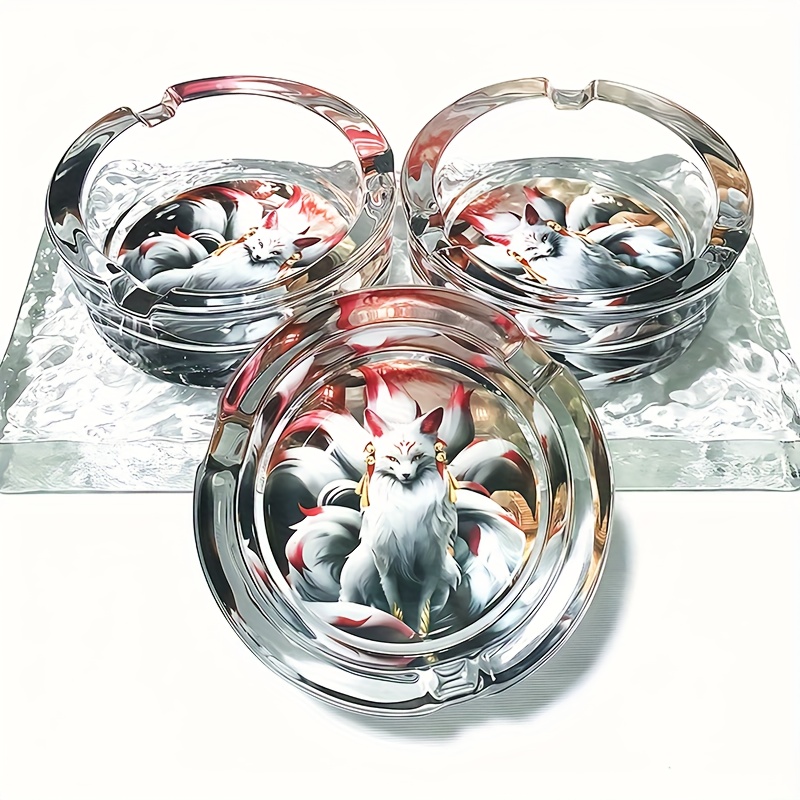japanese inspired nine tailed fox glass ashtray elegant smoking pipe with non electric   decorative cigarette tray for home office perfect gift for anime   fans   inch birthday christmas present compatible with japanese   decor durable glass construction with intricate nine tailed fox design clear glass body sturdy base for stability ideal for ash disposal