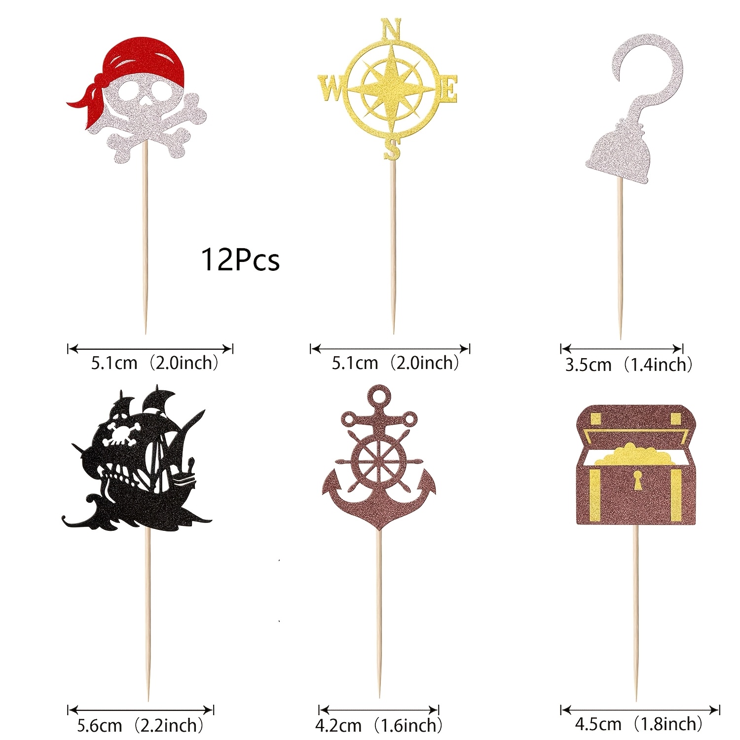 Image of 12pcs Pirate Cupcake Toppers Glitter Compass Pirate Ship Treasure Box Ship Anchor Cupcake Picks Pirate Theme For Shower Birthday Party Cake Decorations Supplies, Halloween, Christmas