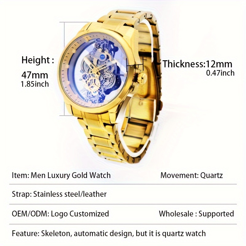 hot trendy fashion wholesale men golden skeleton automatic quartz wrist watches luxury details 1