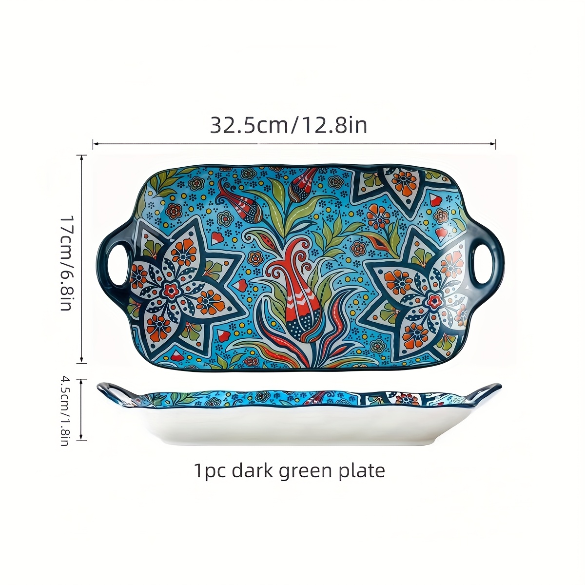 Image of A 12.8-inch Ceramic Fish Platter With Double Handles In Bohemian Style, Suitable For Serving , And Used In The Microwave And Oven
