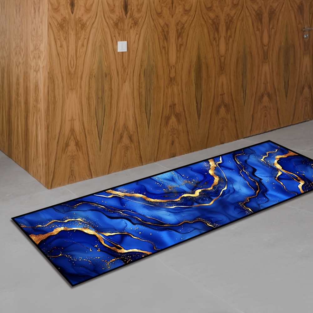 2d Flat Golden Diamond Fleece Abstract Geometric Marble Pattern Long Mat, Light Luxury Blue Kitchen Mats, High Quality Laundry Room Mat, Soft Suitable For Villa, Office Walkway Decoration Carpets