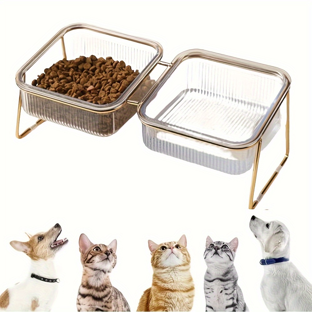 

Heightened Cat Bowl, Comfortable Dog Double Bowl Feeder With Stainless Steel Golden Bracket, 15° Tilt, Anti-slip Transparent Pet Bowl