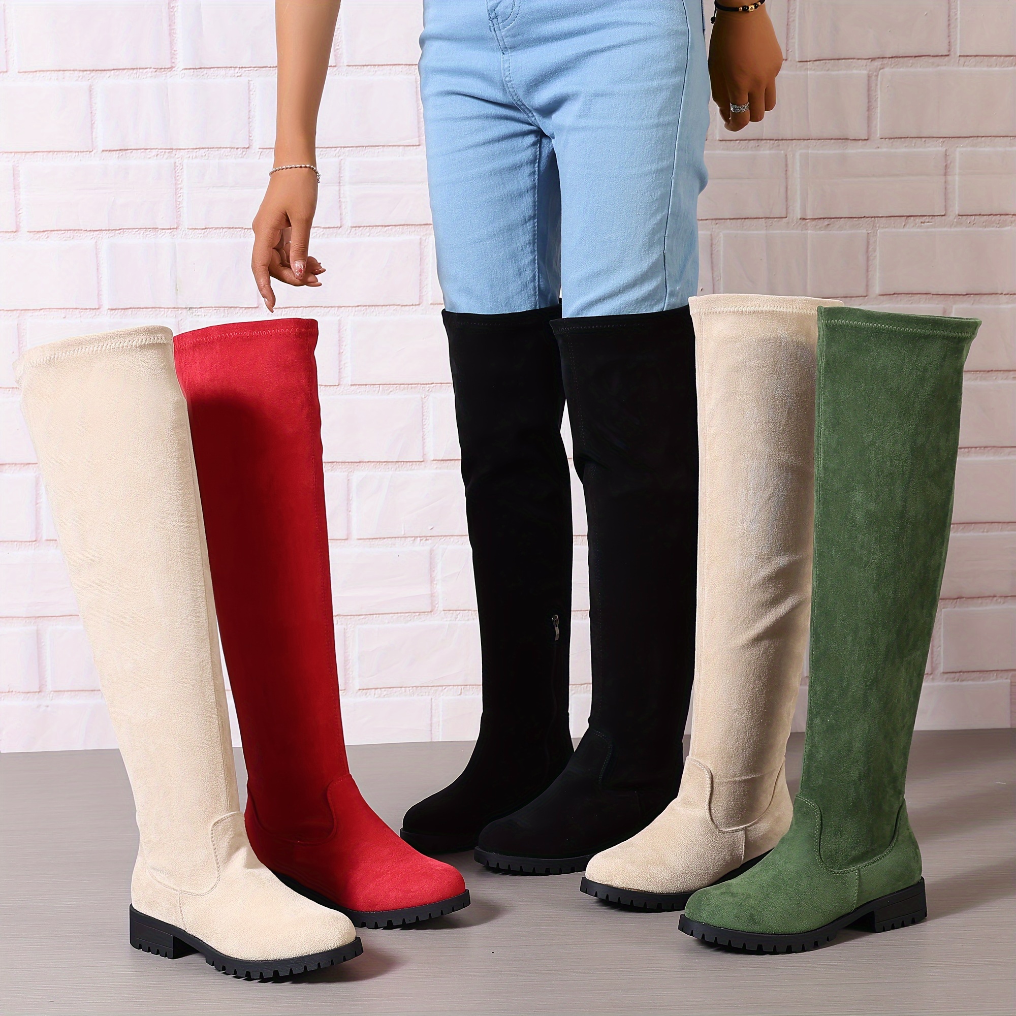 

Women's Solid Color Chunky Heel Long Boots, Fashion Side Zipper Design Boots, Stylish Over The Knee Boots