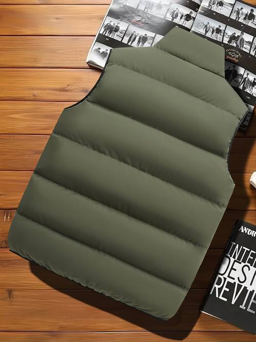 mens casual sleeveless stand collar vest thickened warm zip up jacket solid winter outerwear cold proof outdoor top graphene insulation fashionable webbing suitable for daily activities holiday gift