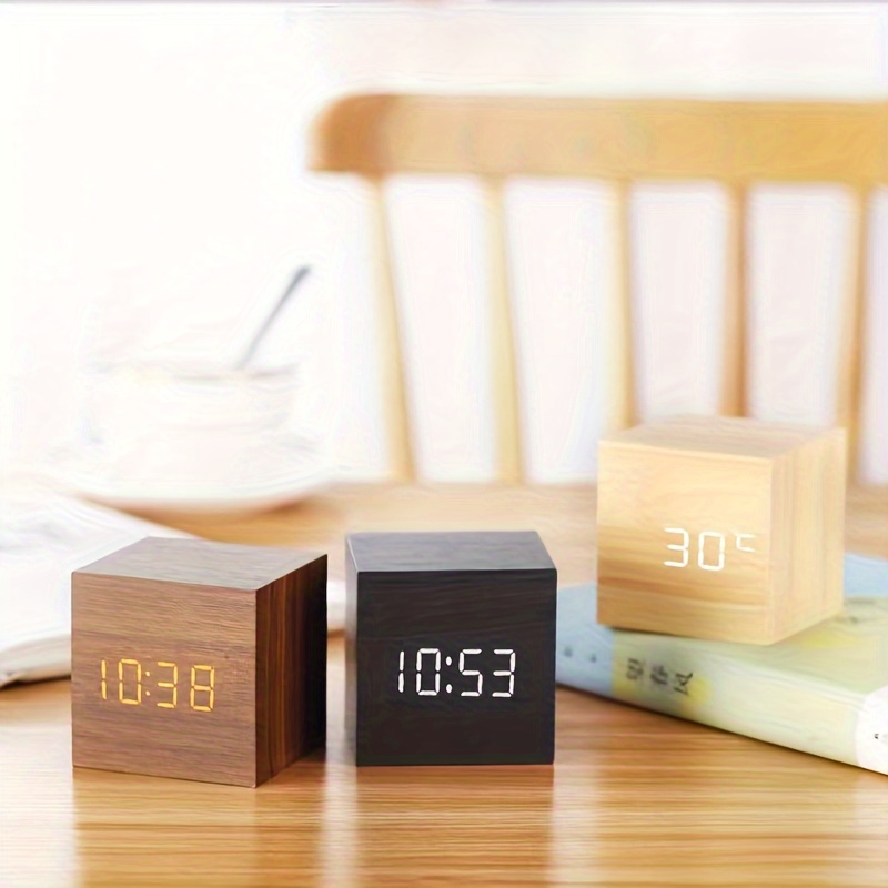 Mini Cube Wooden Alarm Clock with LED Display - Voice Controlled, Auto Dimmable with 3 Brightness Levels, Displays Time/Date/Temperature, Ideal for Home, Office, Travel, Rectangle Shape, USB Powered