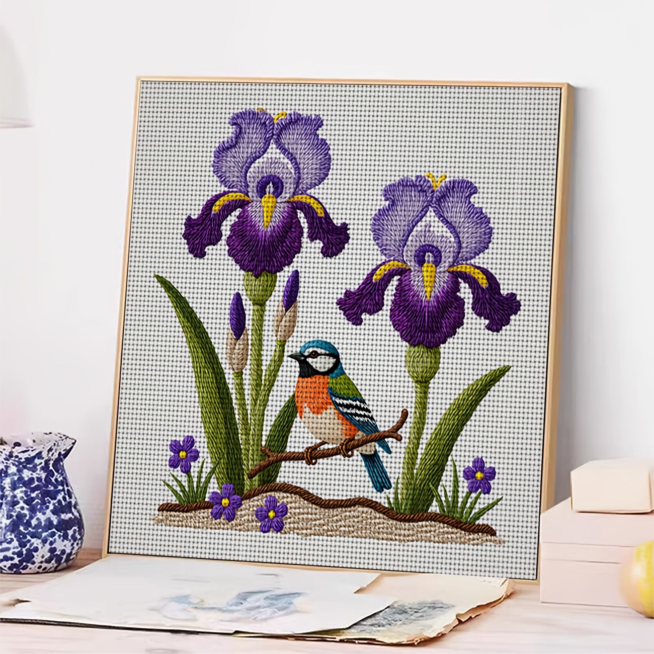 Cross Stitch Printed Kit, Frameless Purple Iris Blue Red Bird Design