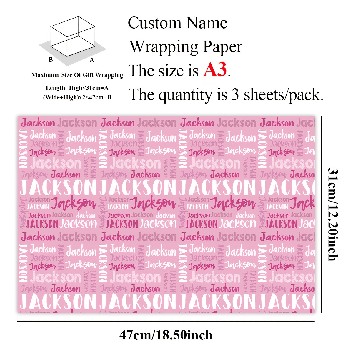 TEMU 3 rouleaux de personnalisé avec nom, logo blanc et rose, papier d'emballage personnalisé avec logos amusants, idéal pour la fête des mères,