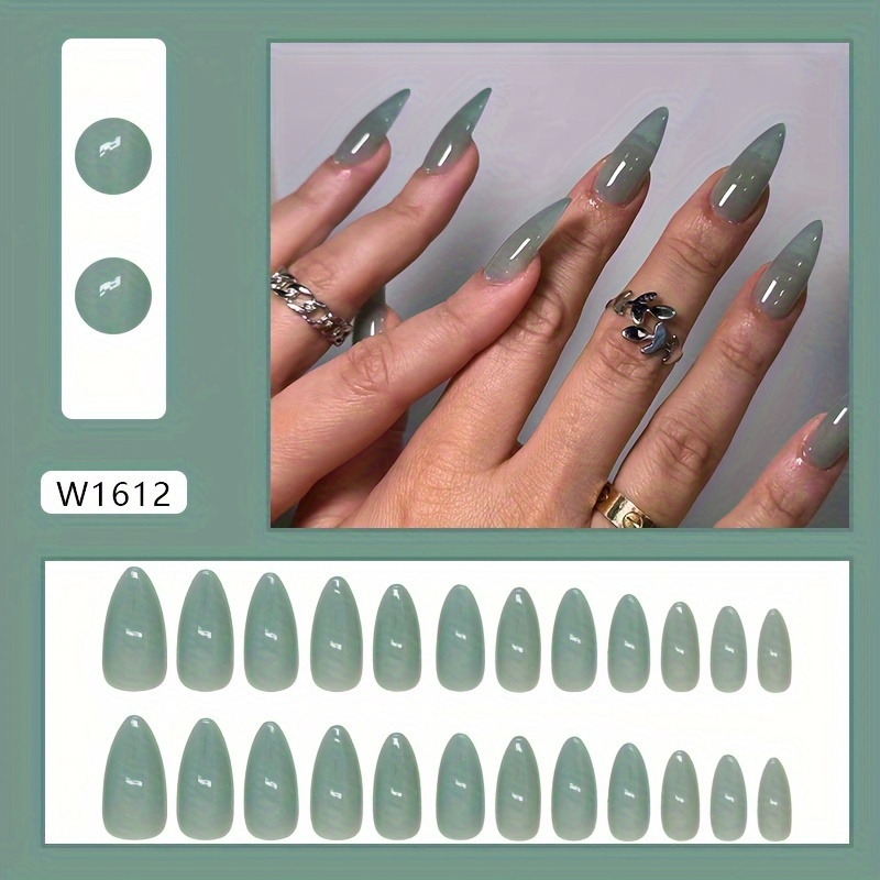 TEMU Almond Shape Press-on Nails - Solid Color Green Glossy Artificial Nails For , Reusable Detachable Fake Nails With Elegant Natural Look, Stylish