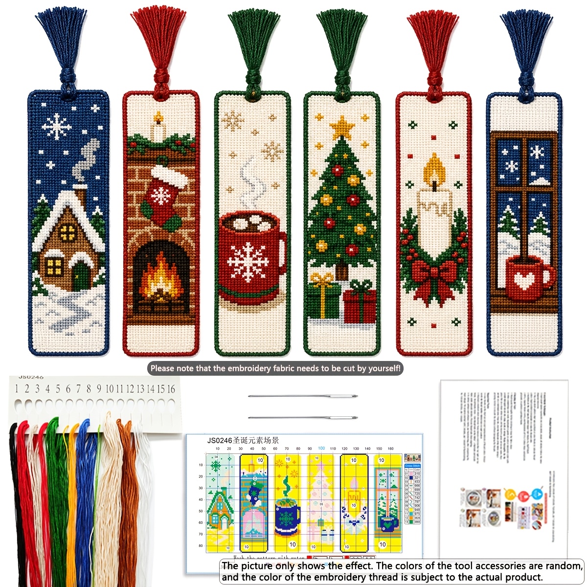 TEMU 6pcs Christmas Stamped Cross Stitch Bookmarks Kit, 11ct 3-strands Craft Set With Stocking Patterns, Tools Optional, Beginner Friendly Back To