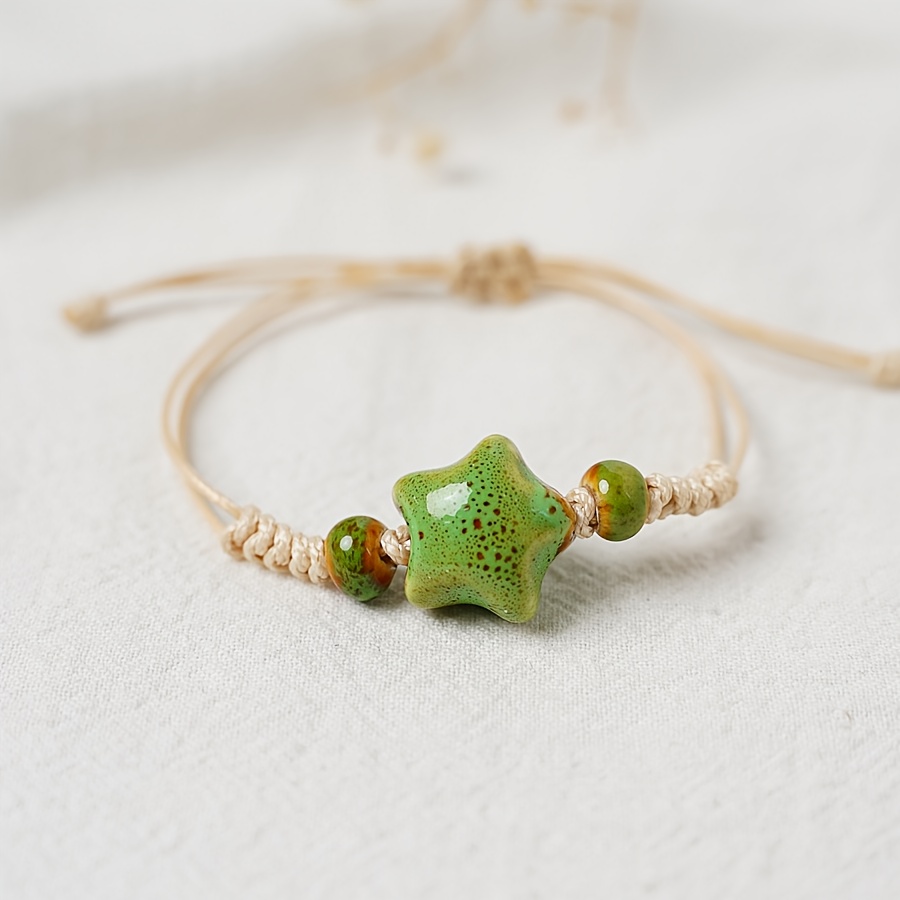 Adjustable Ceramic Star Charm Bracelet Handwoven Rope Daily Wear