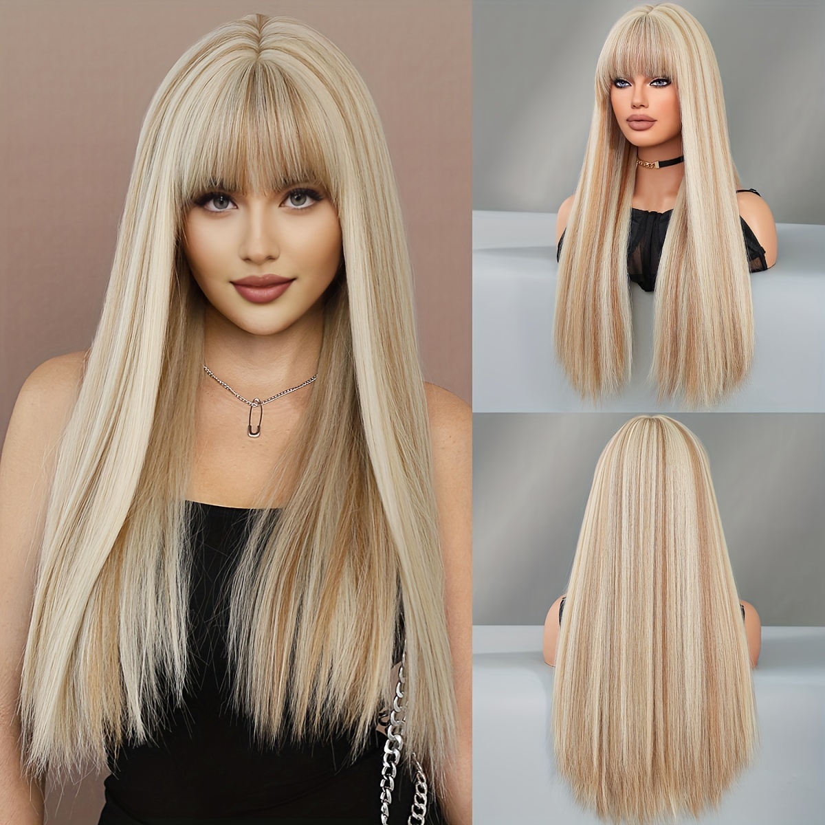 

7jhh Wigs Elegant 26" Long Straight Blonde With Brown Wig For Women - High Density, Heat Resistant Synthetic Hair With Bangs, Ideal For Daily Use &