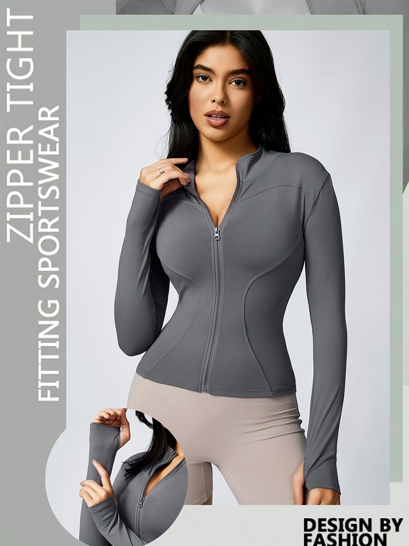 High-Elasticity Slim-Fit Yoga Top - Stand Collar Zipper Front Long Sleeve Workout Shirt, Peach Solid Color Non-See-Through Fabric for Yoga, Gym & Casual Wear, Machine Washable, Formfitting Design, Highelasticity Material