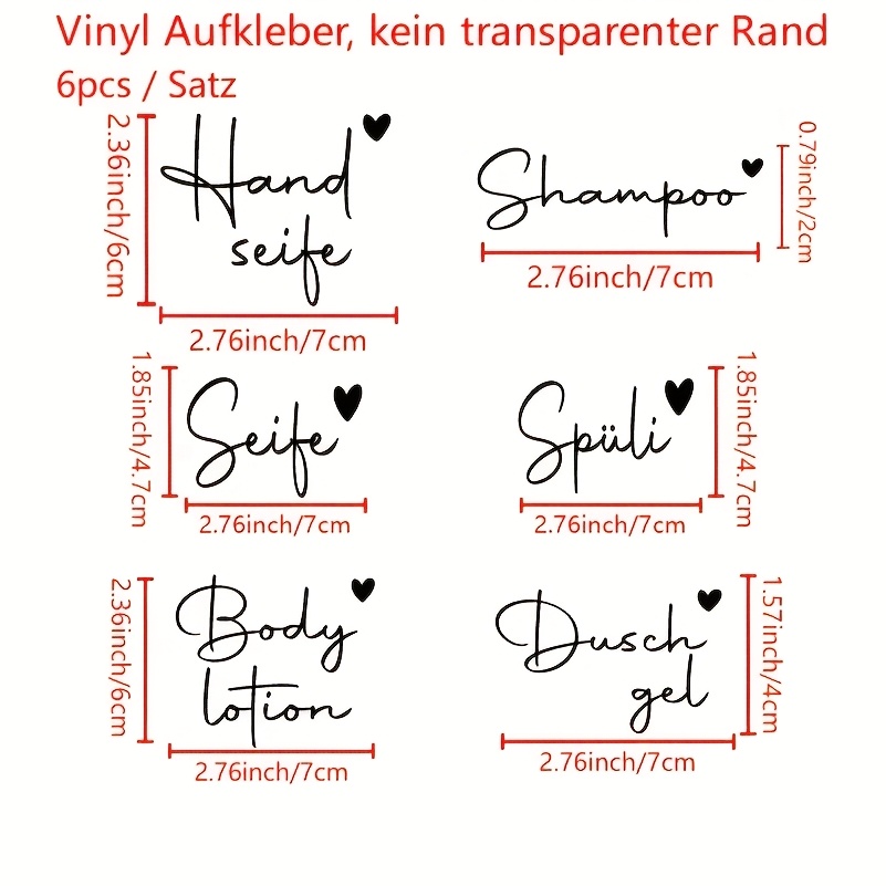 Image of 6pcs/sheet Only Decal German Bathroom Wall Decal Washing Up Art Sticker For Dispenser Bottle Decoration, Waterproof Removable Decals For Hand Soap, Shampoo Label Decal Gifts