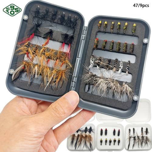 poza articolului set de 47/9 bucăți cârlige pentru pescuit la muscă în cutie, năluci de pescuit nano vierme furnică, momeală artificială bionică de insectă pentru micro jigging în pârâu, universal pentru peștele alb, păstrăv și clisca palidă, muște pre- cu carcasă de depozitare, asortiment multi-stil