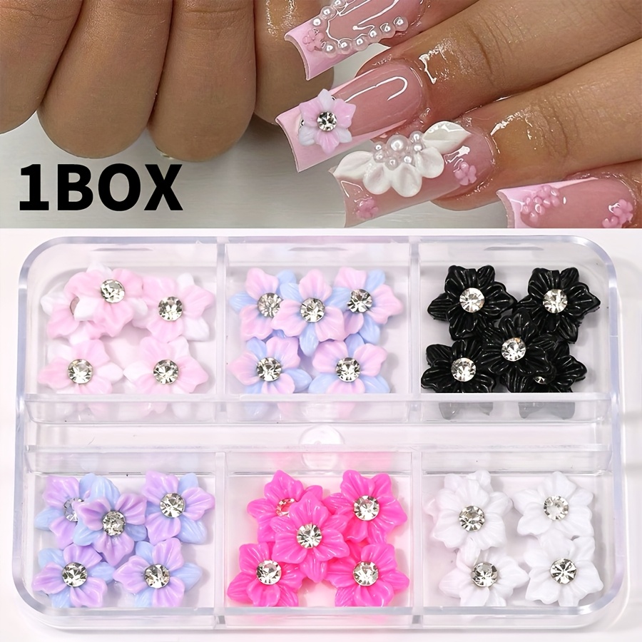 Image of A Box Containing 30pcs Of Flower For Nail Charms Featuring 6 Colors Of 3d Resin Petals, With Rhinestones, Perfect For Nail And Vibrant Floral For Nail Jewelry