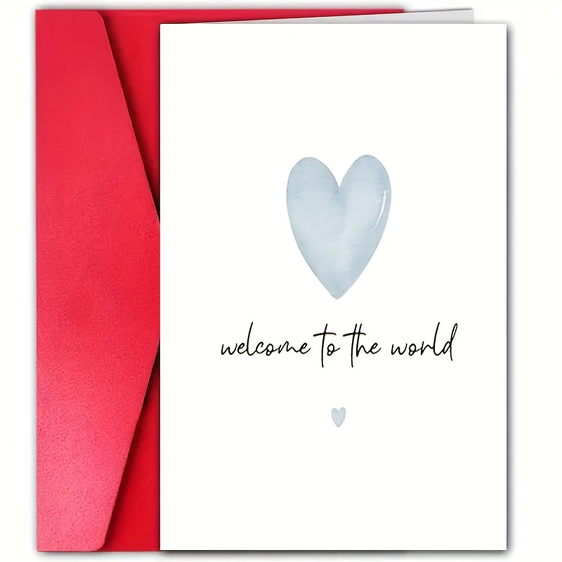 TEMU Of New Parents Card - An Elegant Featuring A Light Blue Watercolor Heart And Cursive Greetings - For Showers, Gender Reveals, And Grandchild